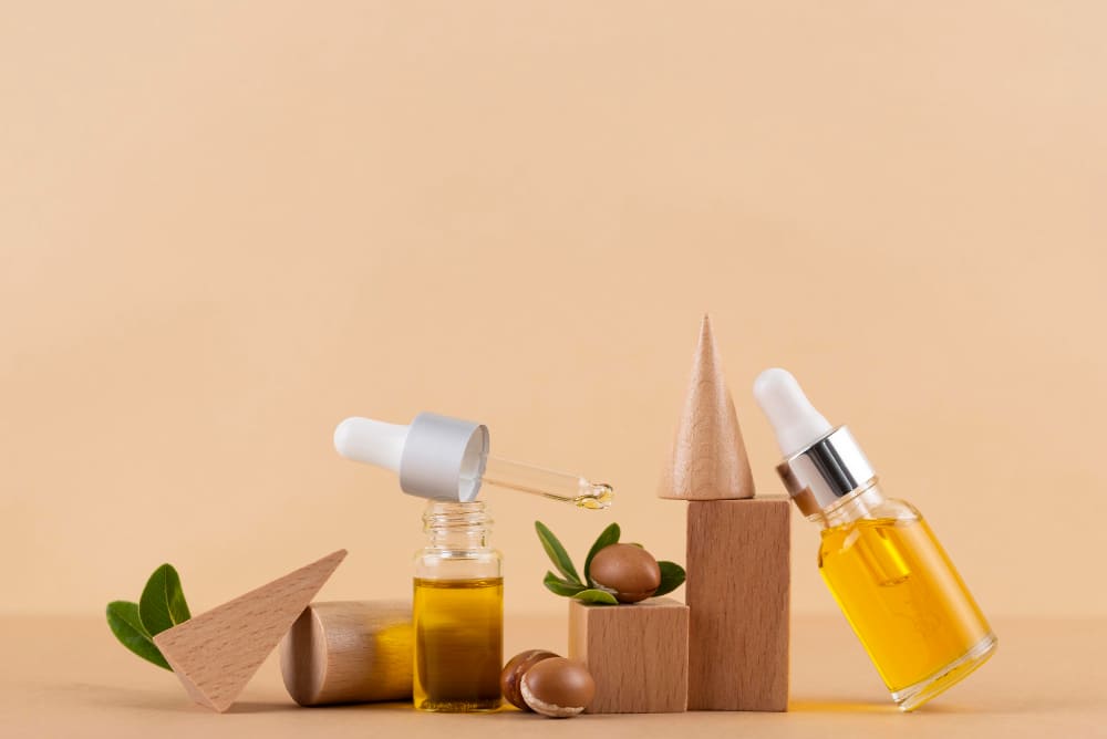 natural essential oils on a neutral background