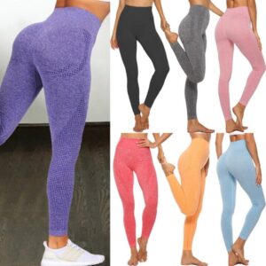 A collage of six women wearing colorful leggings in purple, black, gray, pink, orange, and blue, showingcasing the leggings' fit and style from various angles.
