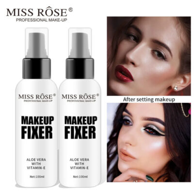 Deux bouteilles de fixateur de maquillage "MISS ROSE PROFESSIONAL MAKE-UP" à l'aloe vera et à la vitamine E, et deux images de femmes avec du maquillage avant et après l'utilisation du produit.